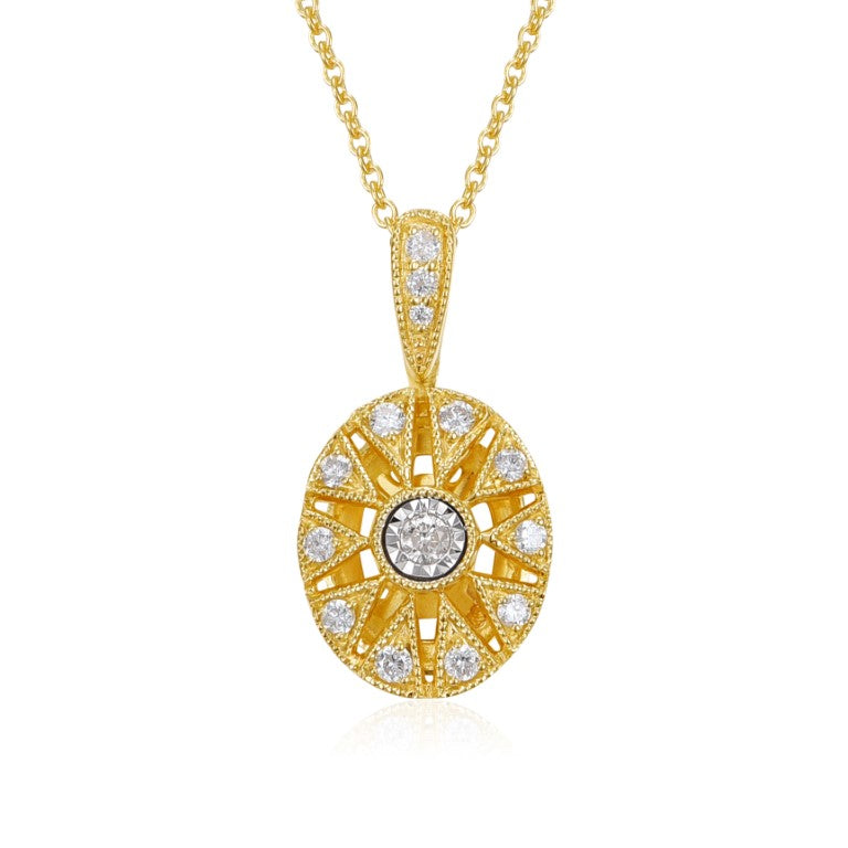 Y/G Oval Miracle Filligree Necklace 14D=.14TW