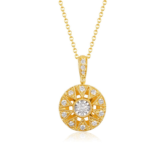Y/g 14kt  miracle rd filigree neck 14RD=.16tw