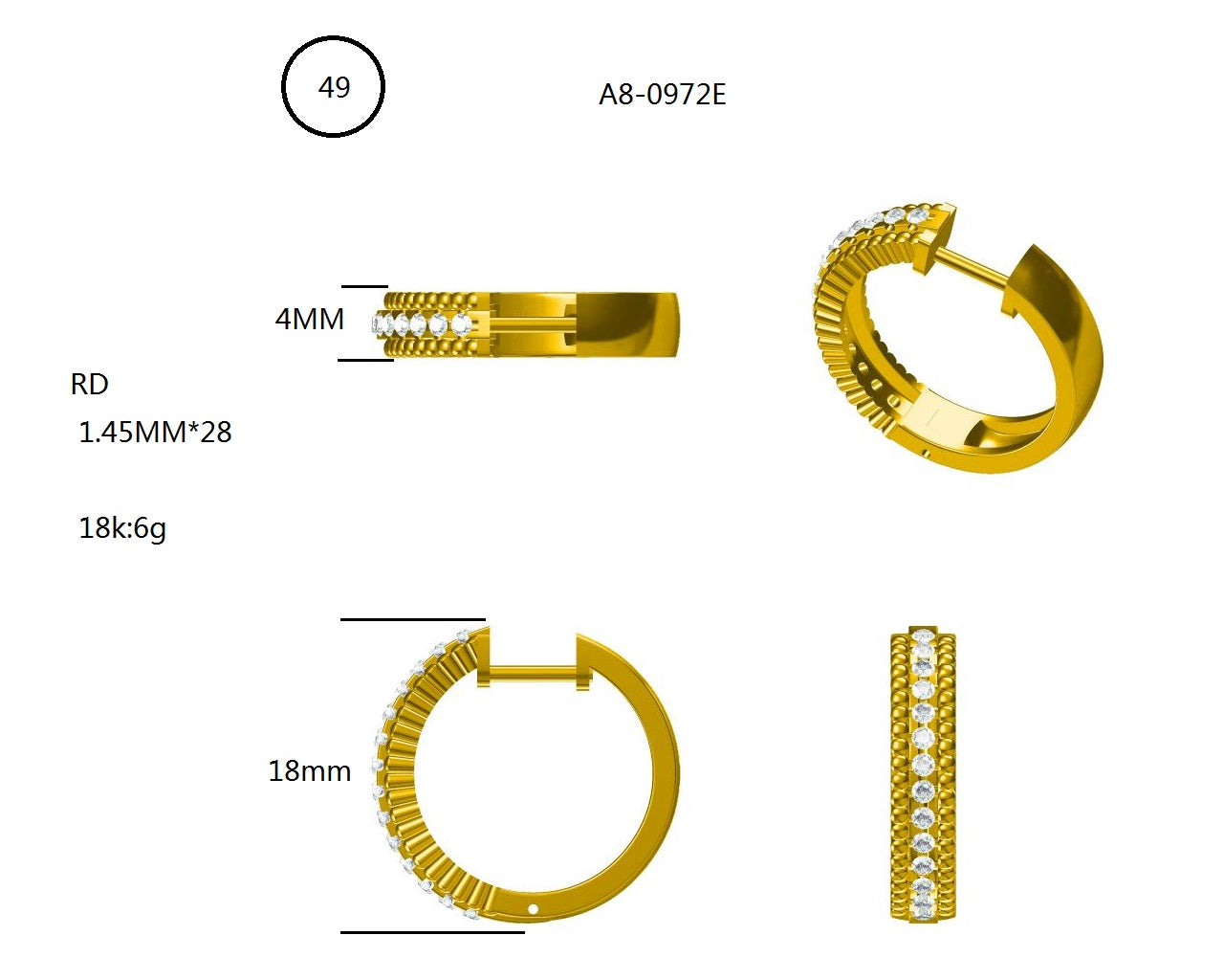 14KW/Y DIAMOND BEAD SET RD HOOP EARRING
