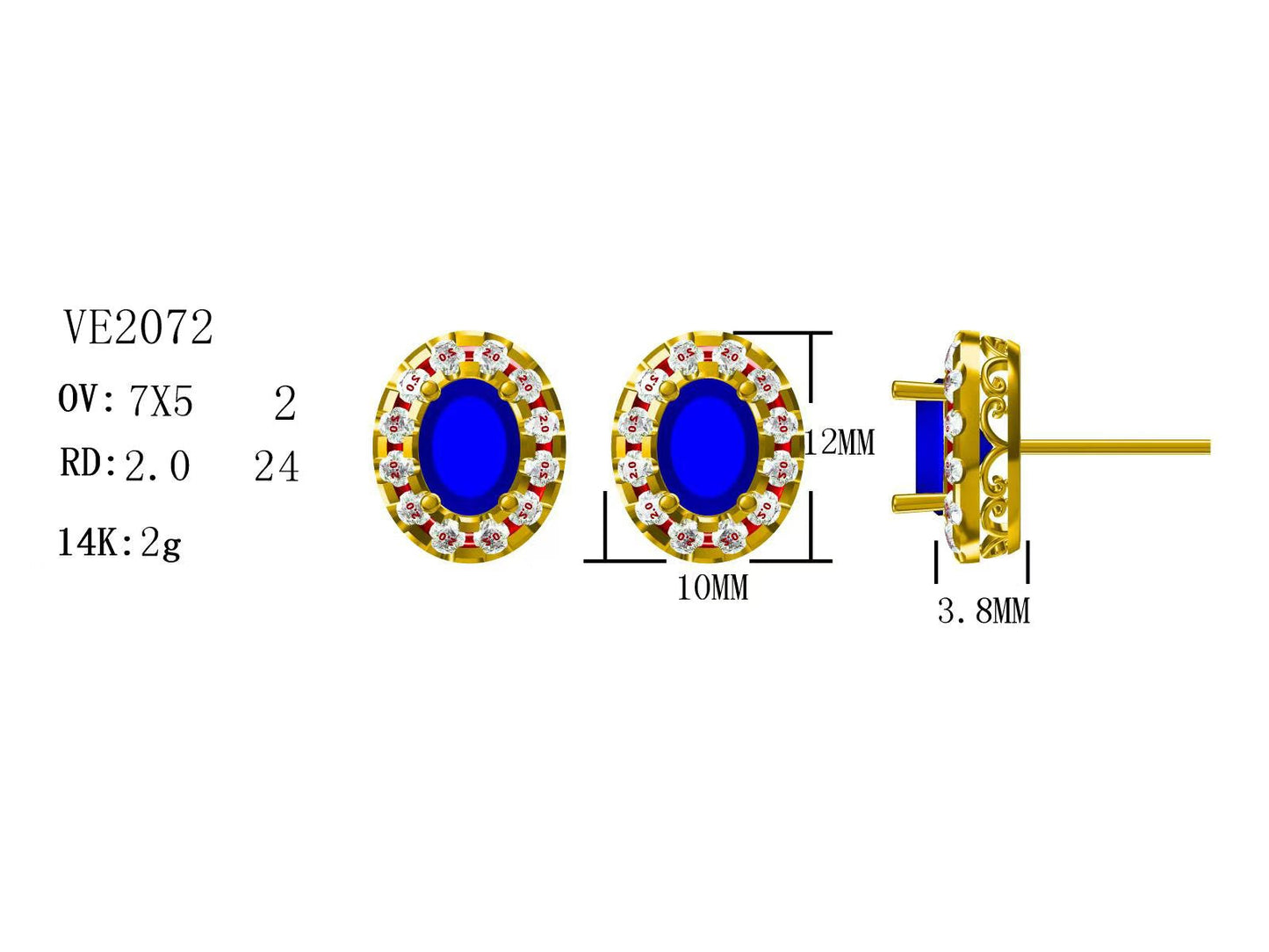 14KY PREC COLOR STUD HALO EARS