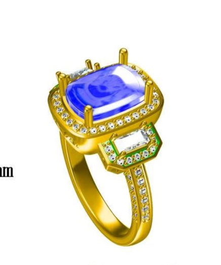 18KY PREC COLOR 3 STONE HALO RING