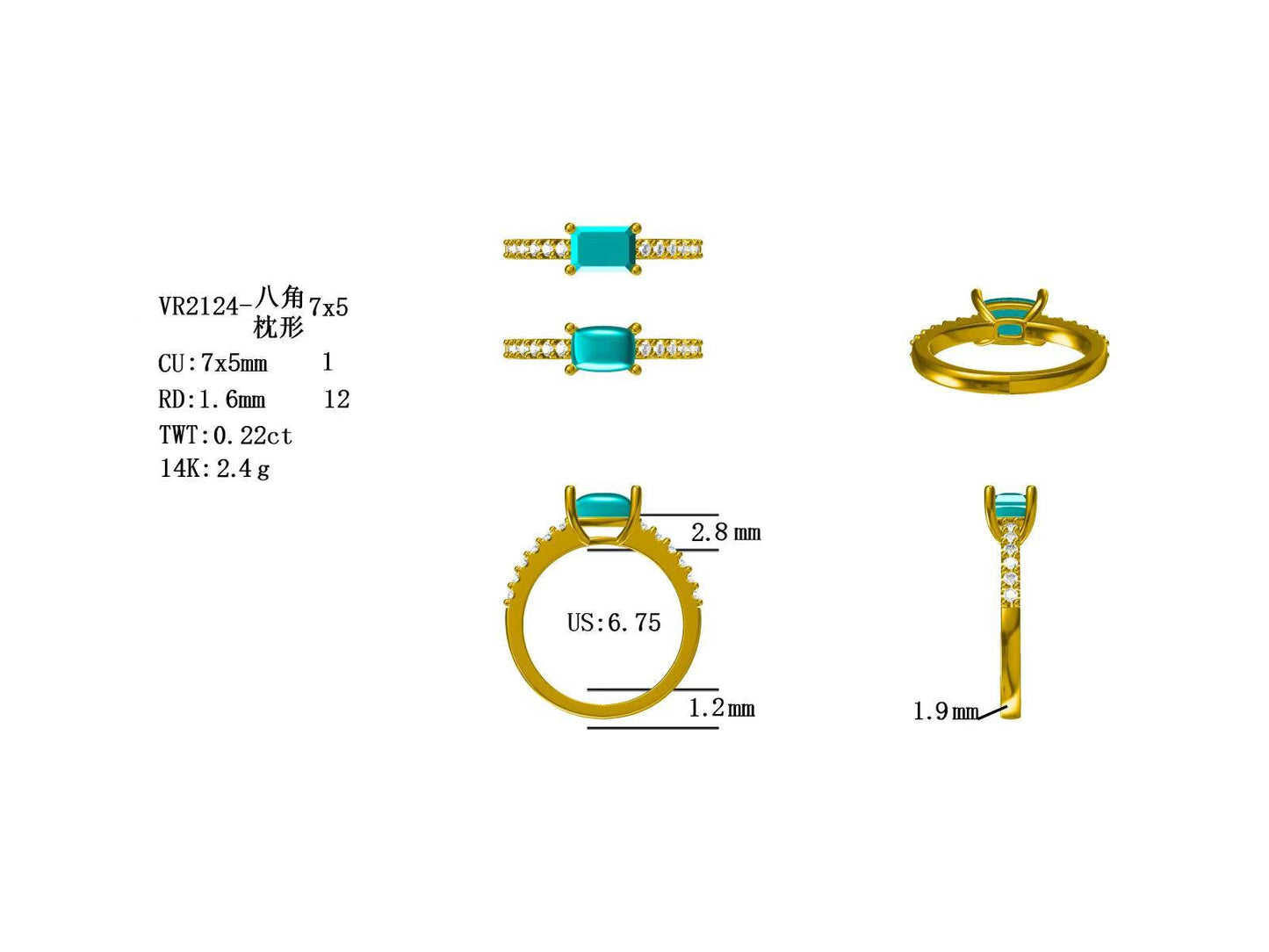 14KW PREC COLOR PRONG SET EAST WEST RING