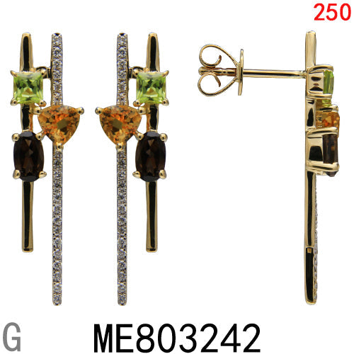 14KY CITRINE,SMOKY QUARTZ ,PERIDOT , EARRING W/DIA