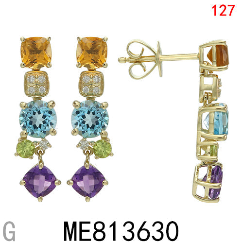 14KY BLUE TOPAZ,CITRINE,AMETHYST,PERIDOT EARRING W/DIA