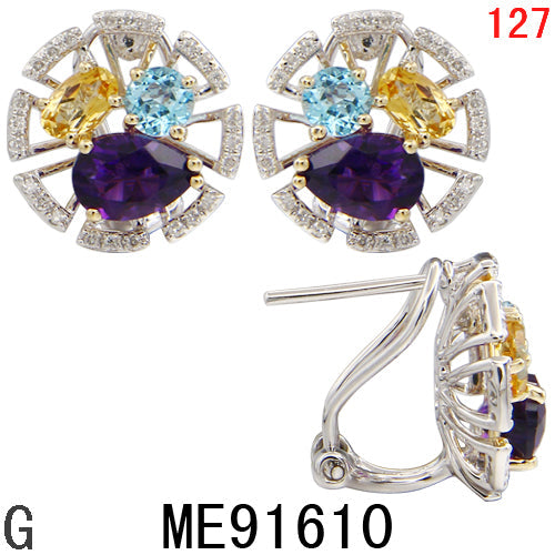 14KW AMETHYST,CITRINE,BLUE TOPAZ EARRING W/DIA