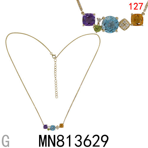 14KY BLUE TOPAZ,CITRINE,AMETHYST,PERIDOT NECKLACE W/DIA 16"