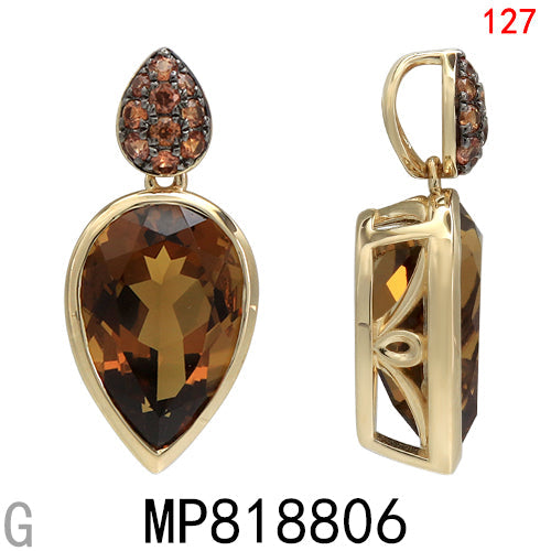 14KY WHISKY QUARTZ .ORANGE  SAPPHIRE  PENDANT