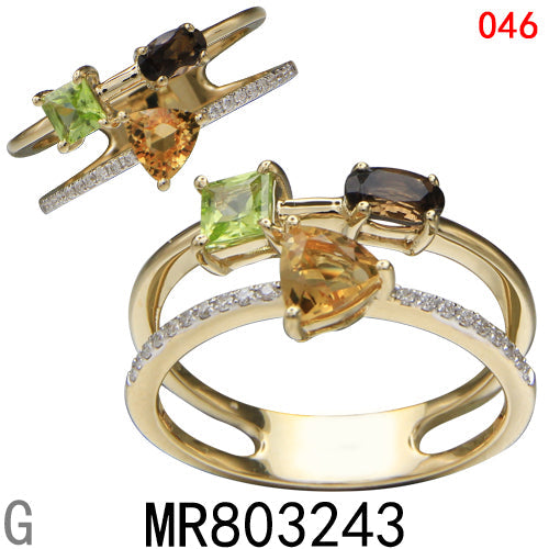 14KY CITRINE,PERIDOT,SMOKY QUARTZ,RING W/DIA #7