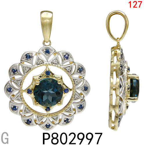14KY LONDON BLUE,SAPPHIRE,PENDANT W/DIA