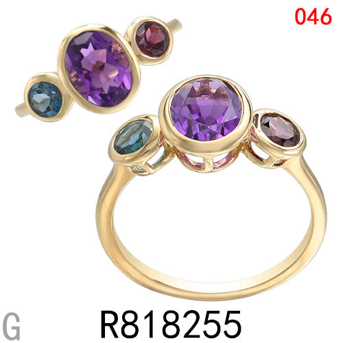 14KY AMETHYST.RHODOLITE GARNET.LONDON BLUE TOPAZ RING #7