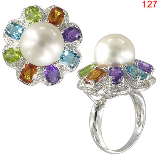 14KW SOUTH SEA WHITE PEARL,MULTI COLOR GEM STONE RING W/DIA #7